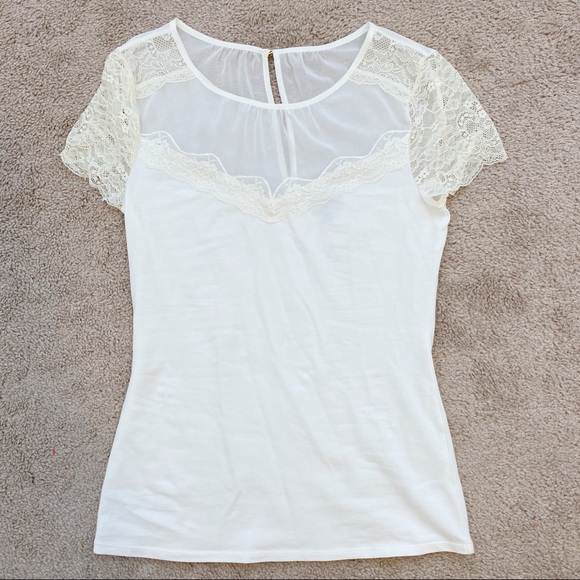 Express Sheer & Lace Short Sleeve Ivory Top Tee - Picture 6 of 7